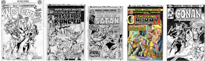GIL KANE DC/ Marvel covers - All American Western #120, Master Kung Fu #27, Son of Satan, Marvel Spotlight #23 , Supernatural Thrillers, Living Mummy #13, Conan #135 cover